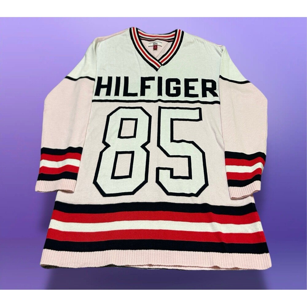 Tommy Hilfiger Pink and Black '85' V-Neck Logo Sweater M